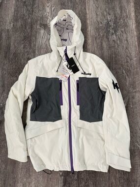 White Hooded Snowboarding Jacket with Purple Accents